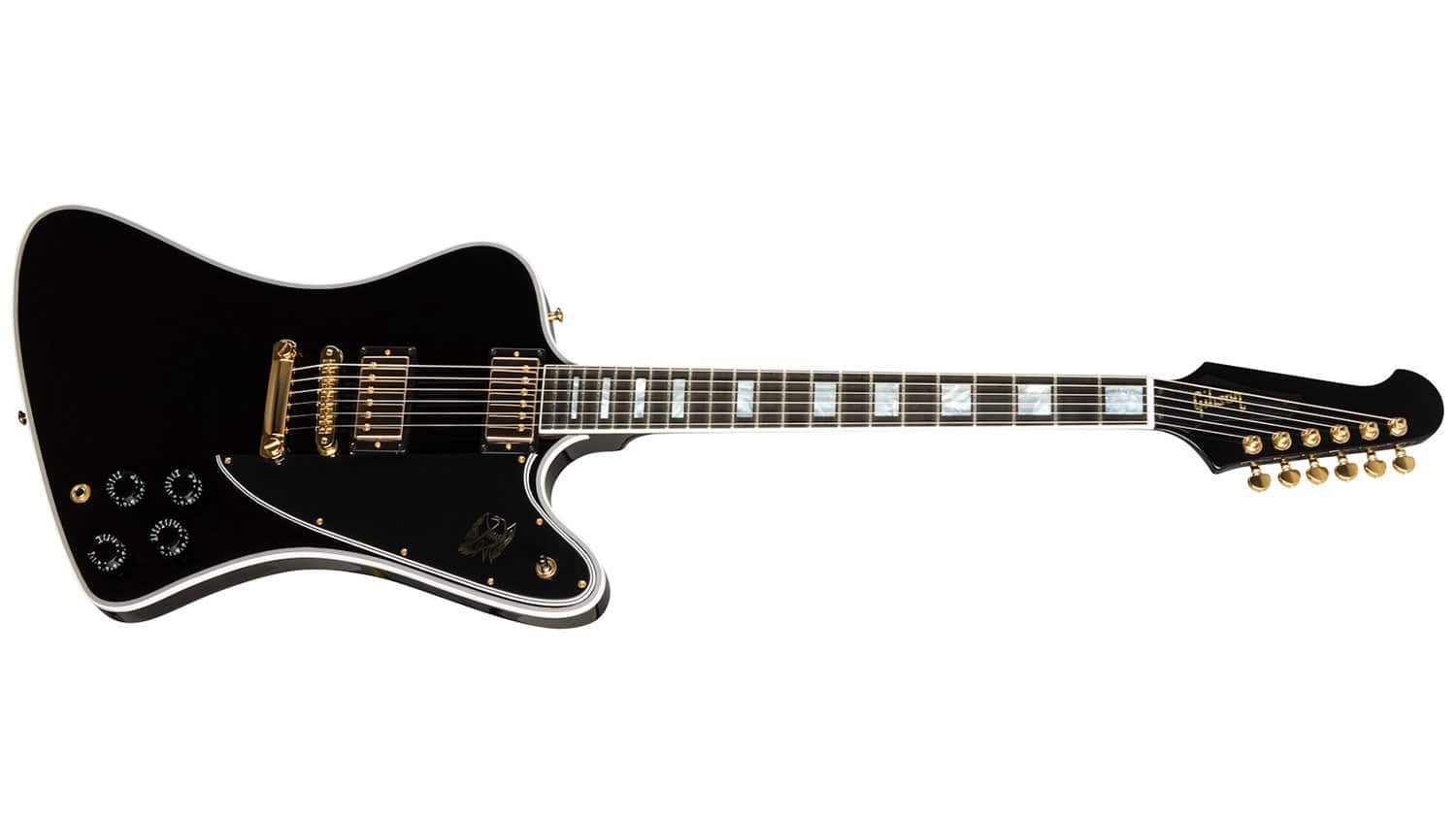 gibson firebird custom with black finish and gold humbuckers and tuners