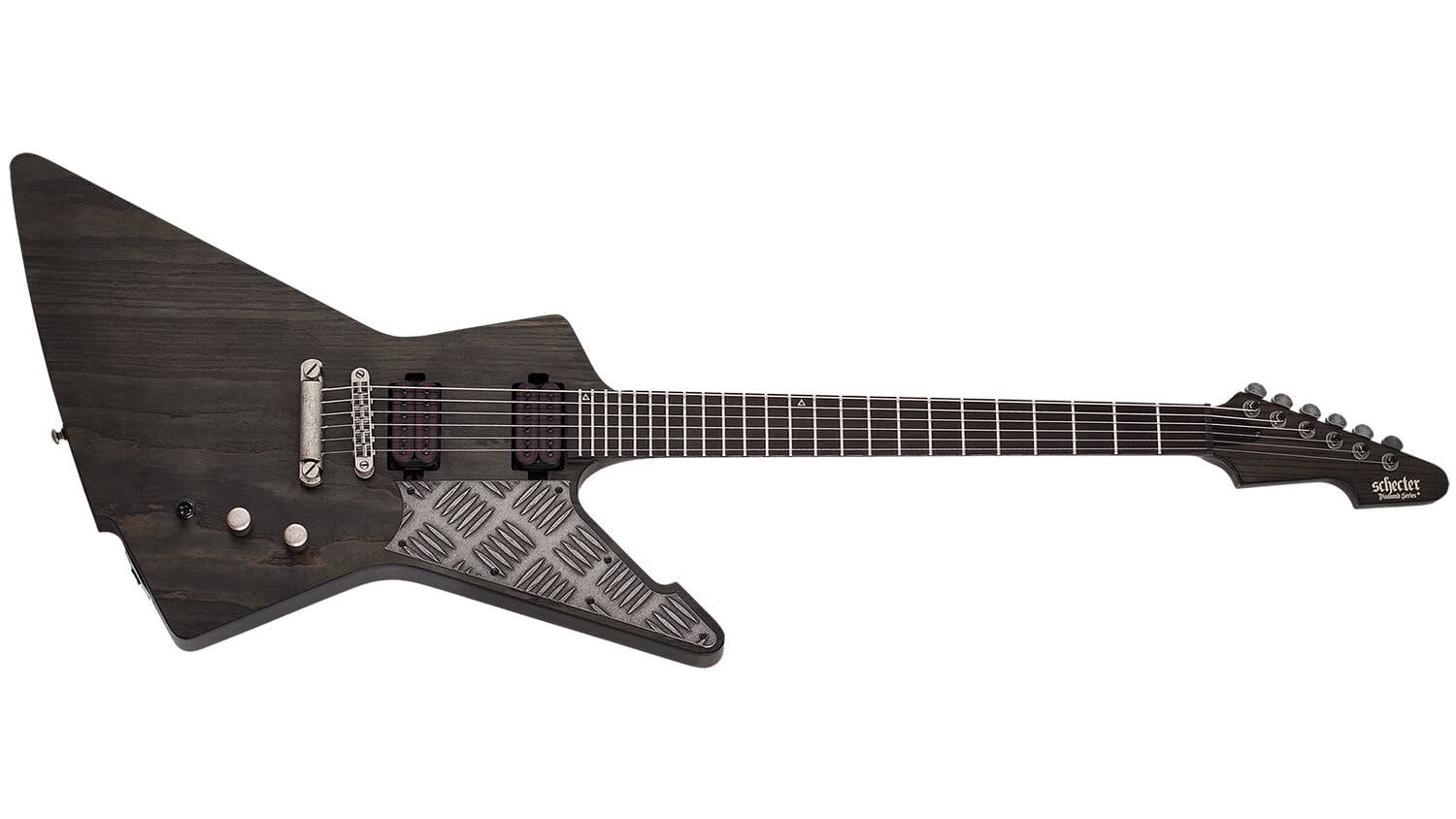 schecter e-1 apocalypse offset guitar in black with brushed metal pickguard