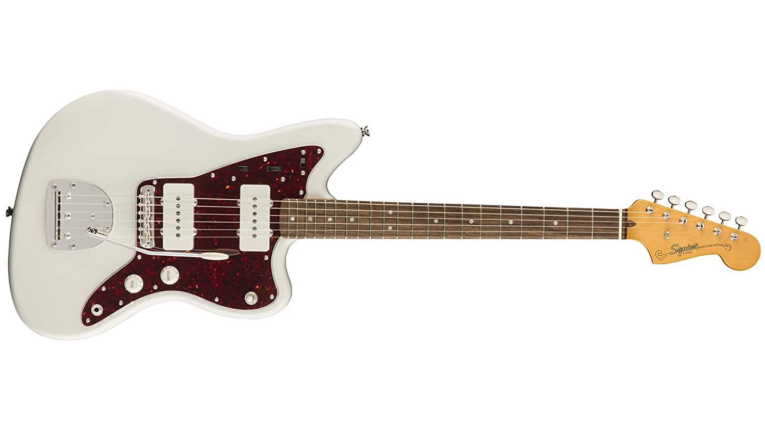 squier classic vibe 60s jazzmaster with white body, tortoiseshell pickguard, and rosewood fretboard