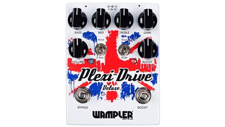 wampler plexi-drive deluxe v2 with black control knobs and stylized British flag graphic