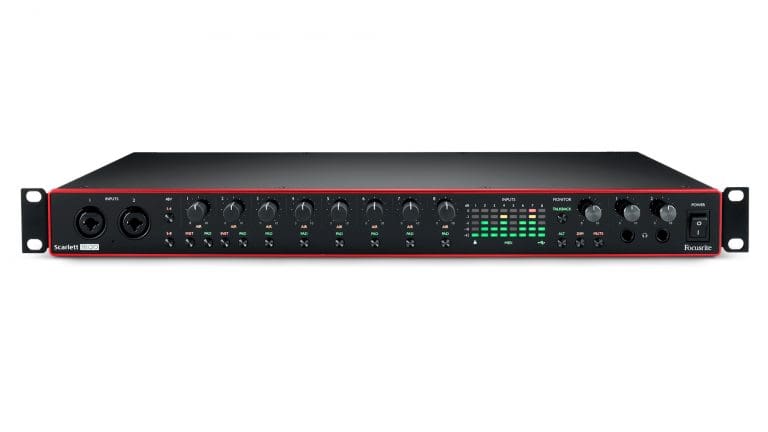 Focusrite Scarlett 18i20 front shot with control knobs and LED metering