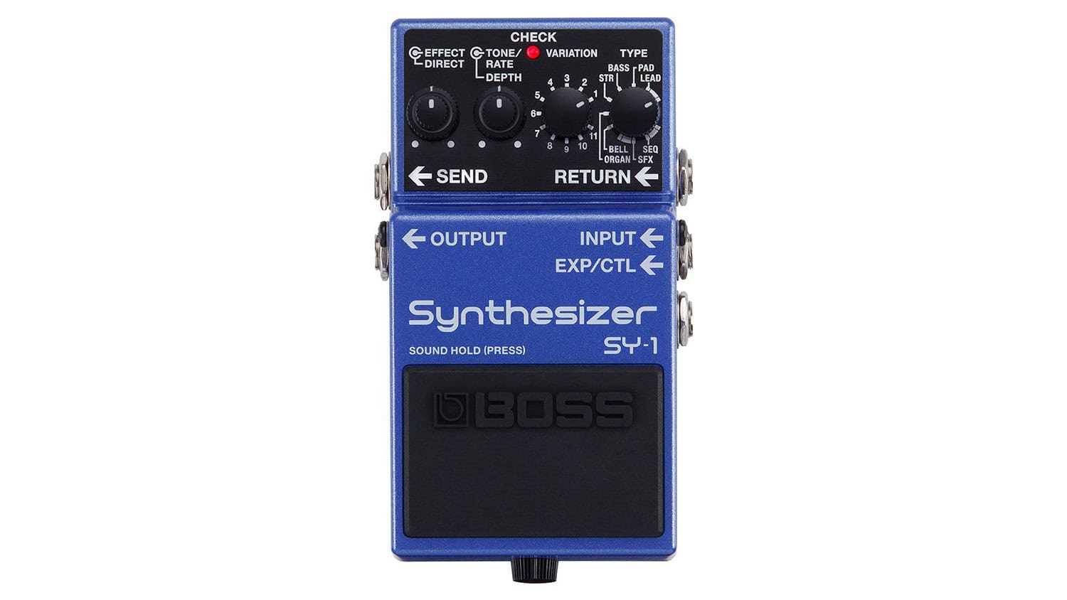 BOSS sy-1 synthesizer guitar pedal with blue enclosure, white text, and control knobs