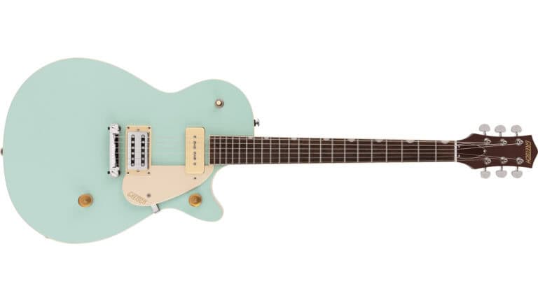 Gretsch G2215-P90 with single-cut body, teal finish, and rosewood neck