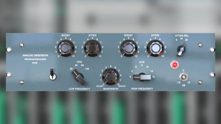 analog obsession rare plugin GUI with blue/grey faceplate and controls