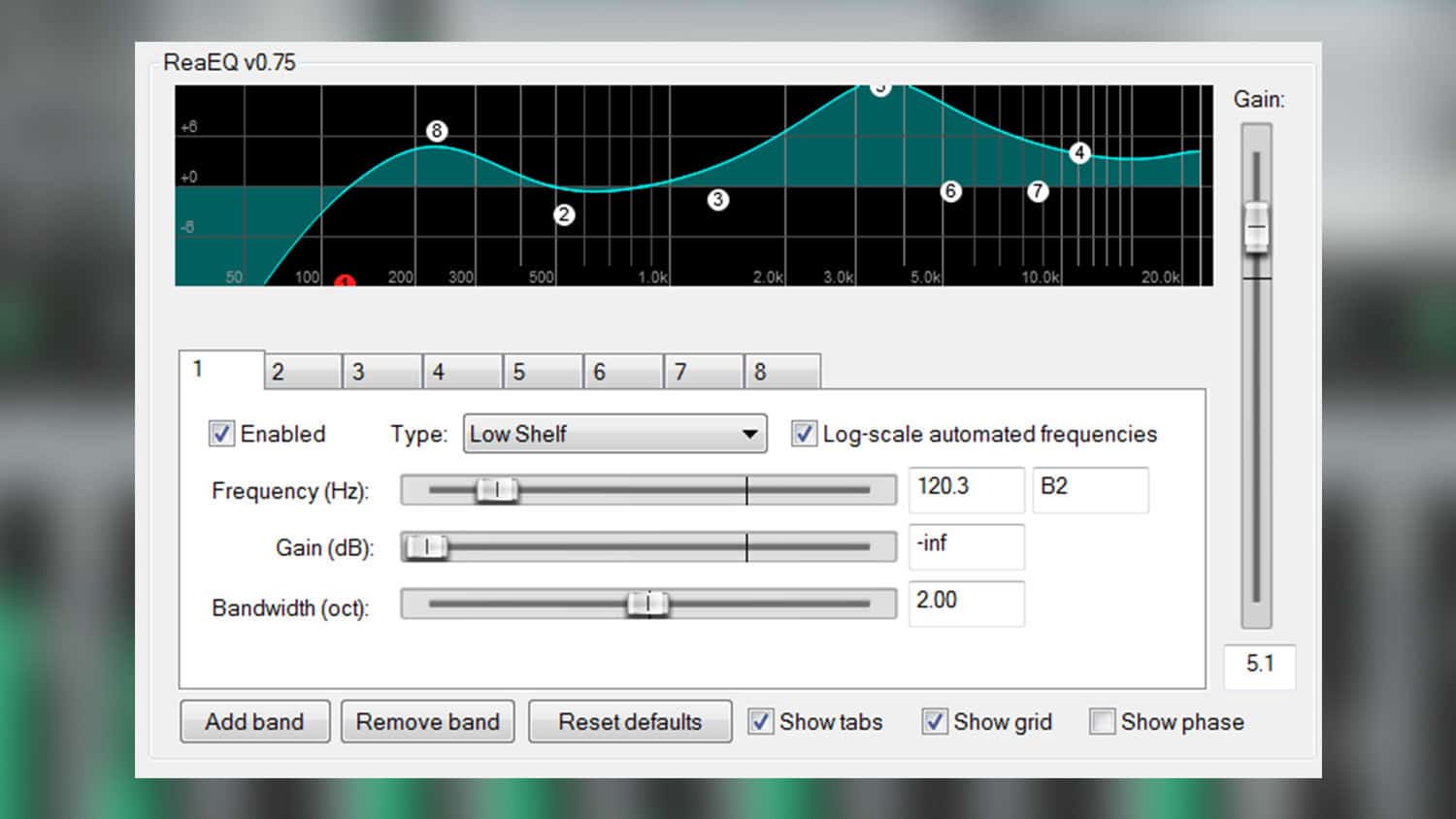 cockos reaeq plugin GUI with control settings and analyzer with frequency points