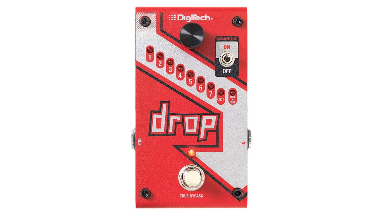 digitech drop guitar pedal with red enclosure, white/red gradient graphic, and settings LEDs