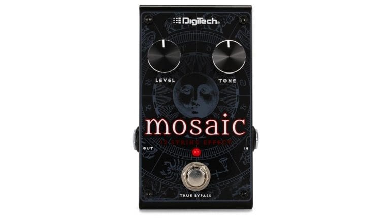digitech mosaic 12-string simulator pedal with black enclosure, graphic, control knobs, and footswitch