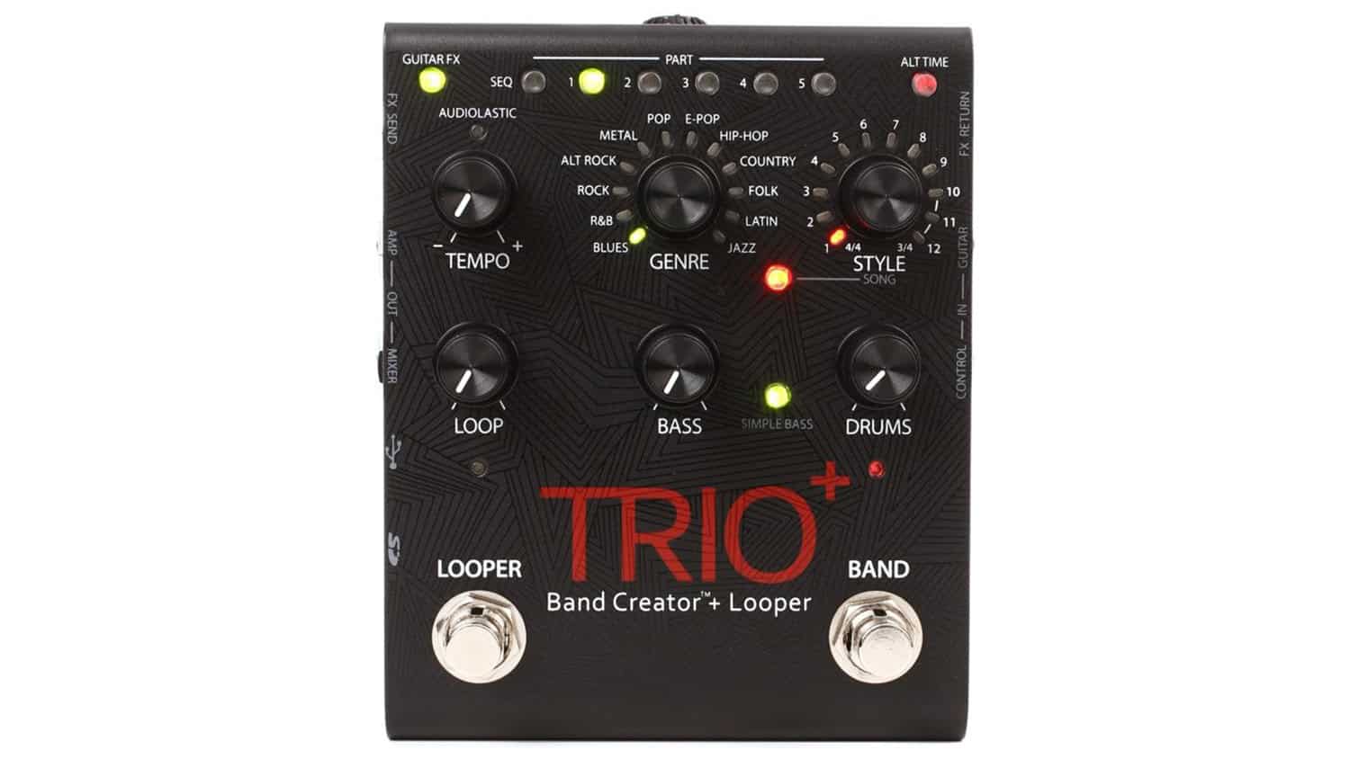 digitech trio band creator with black enclosure, dual footswitches, red text, and control settings