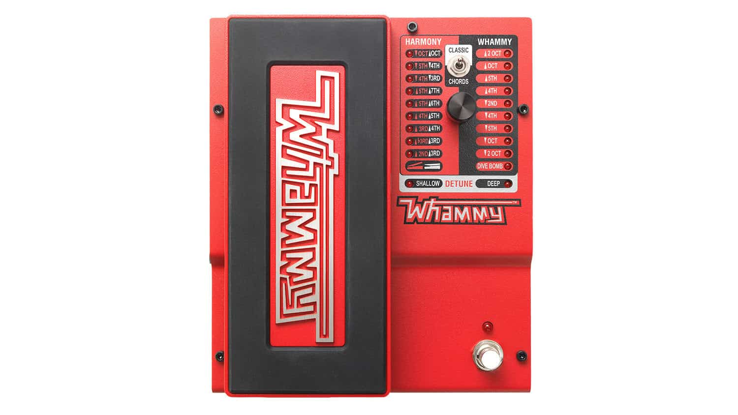 digitech whammy 5 pitch shifter guitar pedal with red enclosure, treadle with black rubber foot grip, and control settings