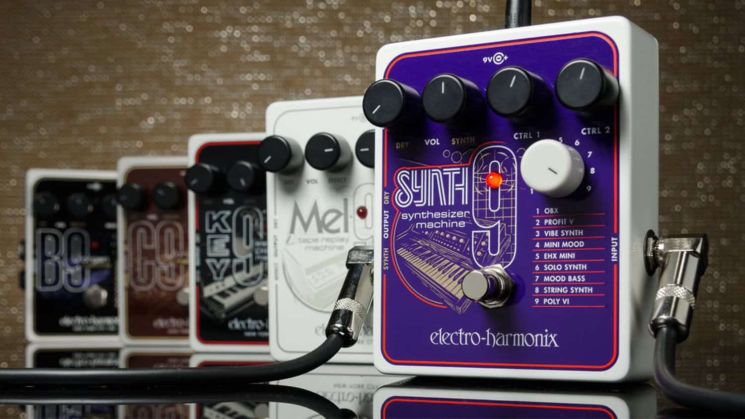 electro-harmonix 9 series guitar pedals lineup of different models in the series