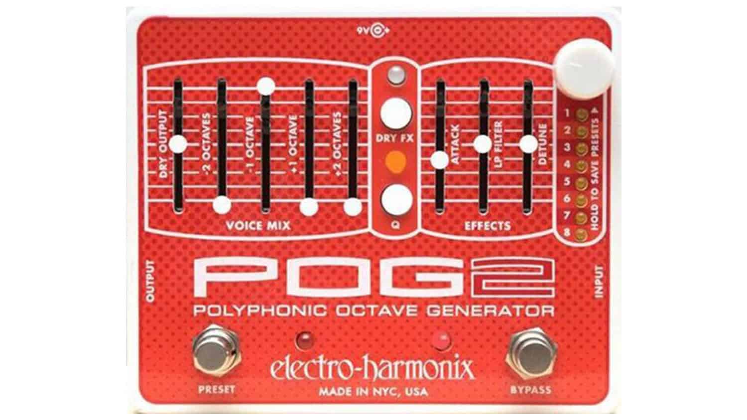 electro-harmonix pog2 harmonizer pedal with red enclosure, control sliders and knobs, and silver footswitches