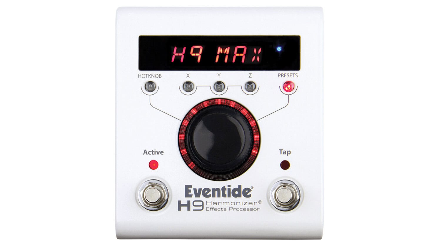 eventide h9 harmonizer guitar pedal with white enclosure, dual footswitches, front panel controls, and LED screen