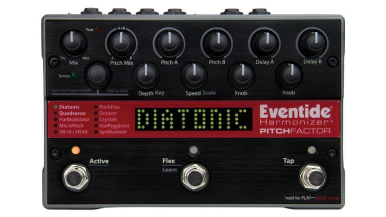 eventide pitch factor harmonizer workstation with black enclosure, LCD screen, control knobs, and three footswitches