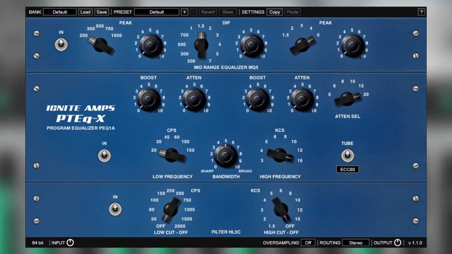 ignite amps pteq-x pultec plugin GUI with blue faceplate and controls