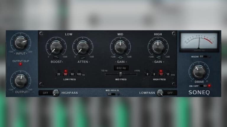 sonimus soneq plugin GUI with controls and VU meter