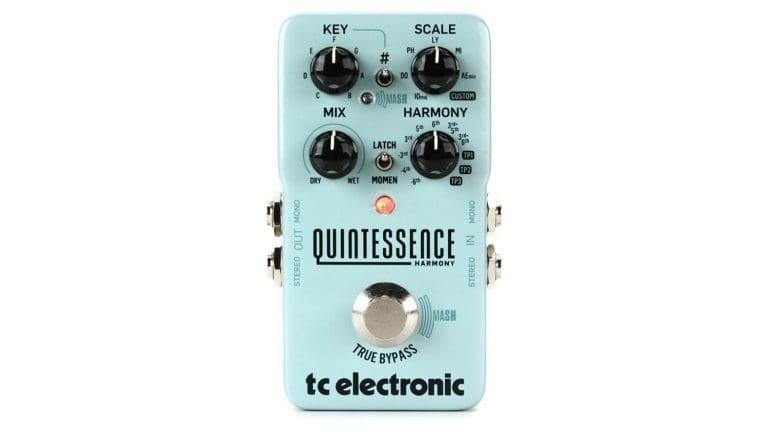 tc electronic quintessence top down shot with blue enclosure, black control knobs, and silver footswitch
