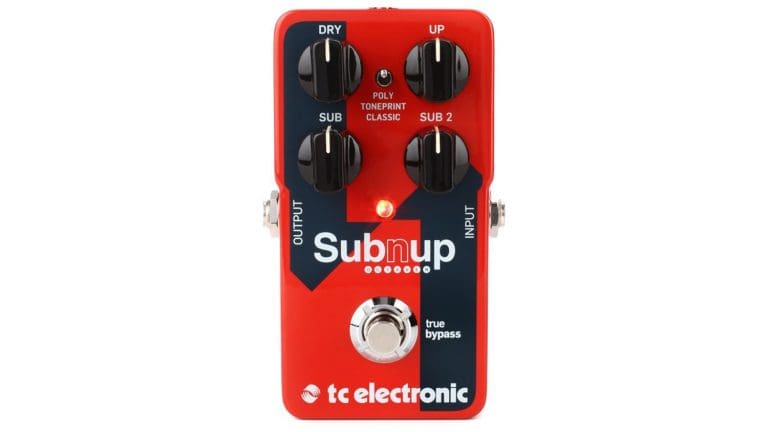 tc electronic sub n up harmonizer pedal with red and blue enclosure, black control knobs, and silver footswitch