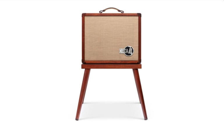Taylor Circa 74 with mahogany brown enclosure and stand, tweed grille cloth, and handle