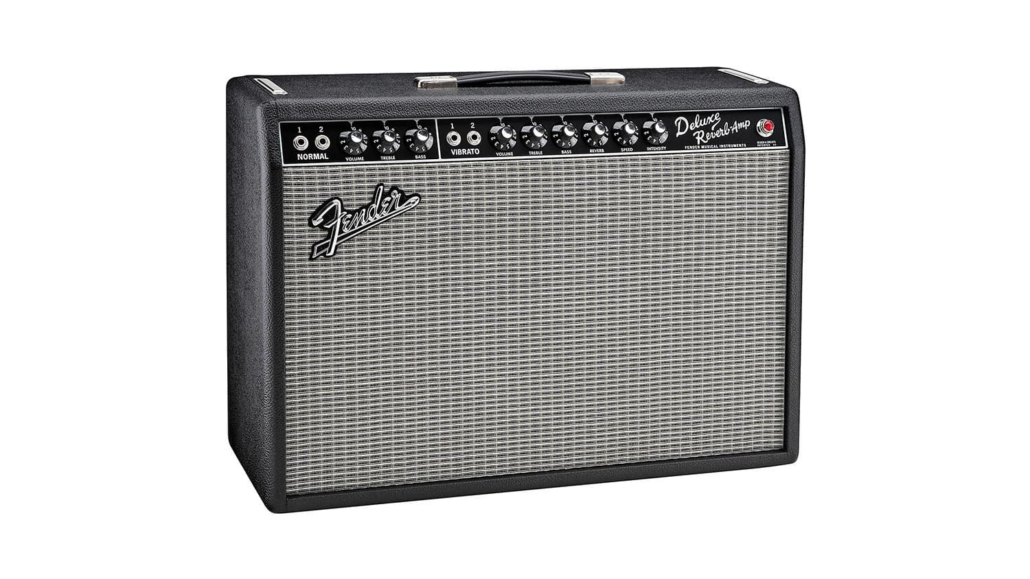 fender deluxe 65 reverb with black enclosure, silver grille cloth, front panel controls, and Fender logo