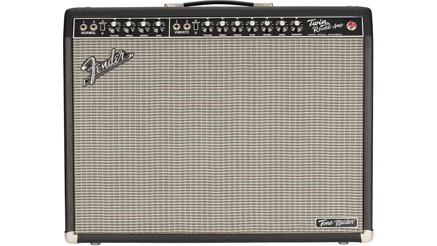 fender tonemaster twin reverb with black enclosure, silver grille cloth, front panel controls, and Fender logo