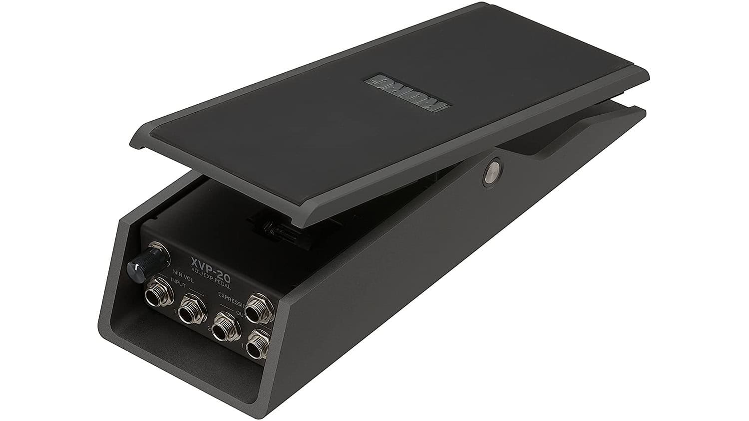 korg kvp-20 volume pedal with black enclosure, lifted treadle, and connections