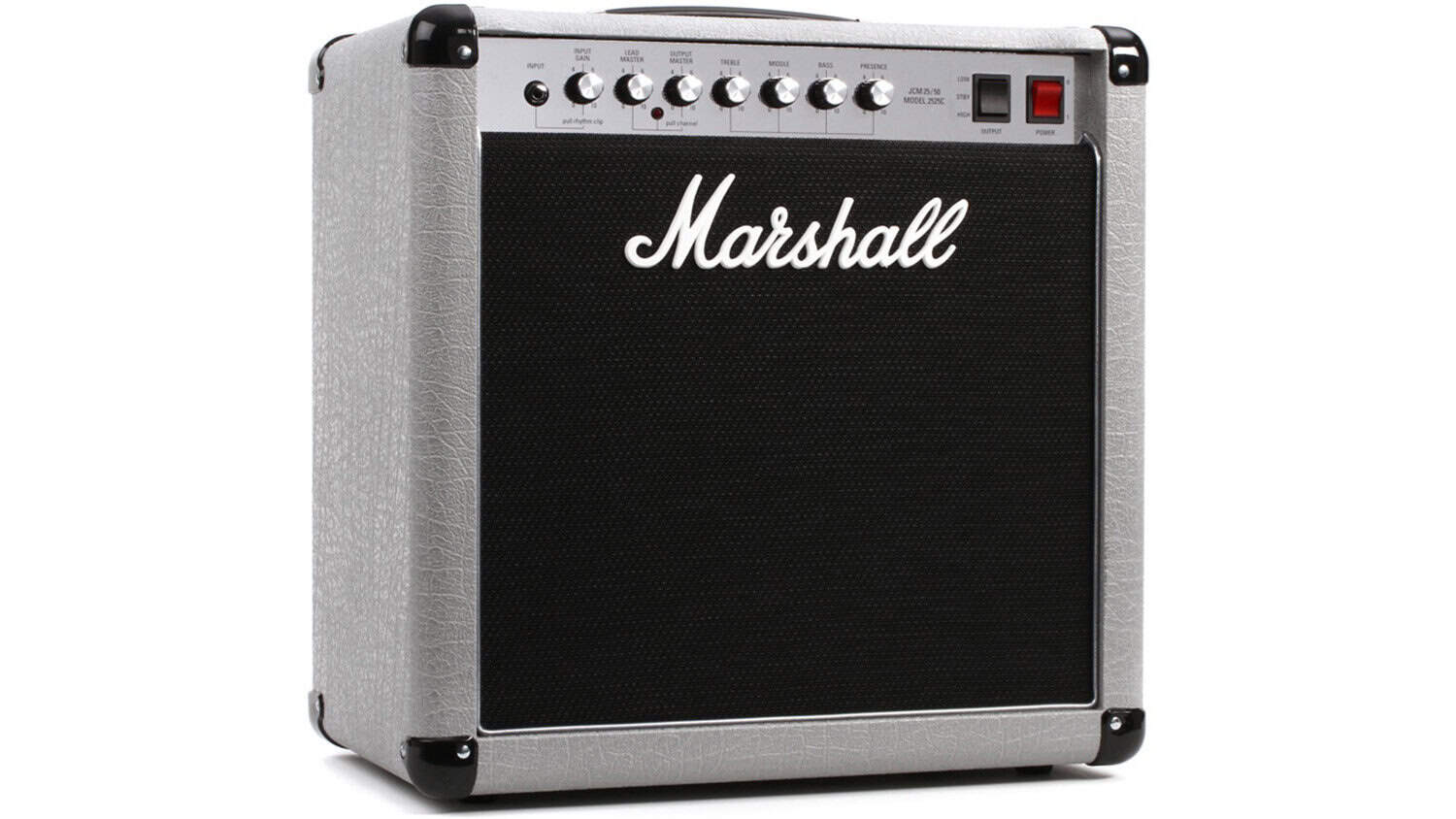 marshall mini silver jubilee guitar amp with silver enclosure, black grille cloth, front panel controls, and Marshall script logo