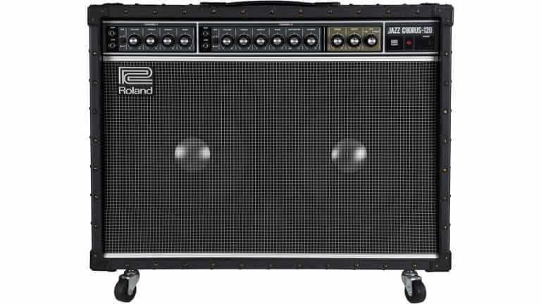 roland jc-120 guitar amp solid-state amp front shot with gray grill cloth and controls