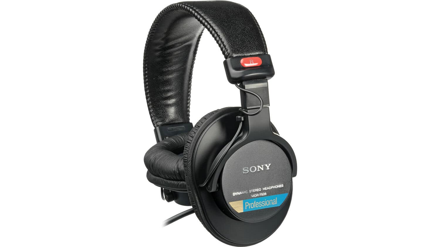 Sony MDR7506 side shot with closed-back earcups, padded headrest, and sony and model indication