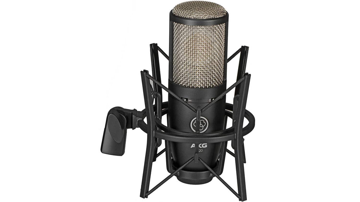 akg p220 large-diaphragm condenser microphone front shot with black housing, gold grille, and shockmount