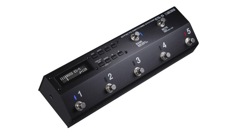 boss es-5 compact guitar loop switcher with black enclosure and foot switches