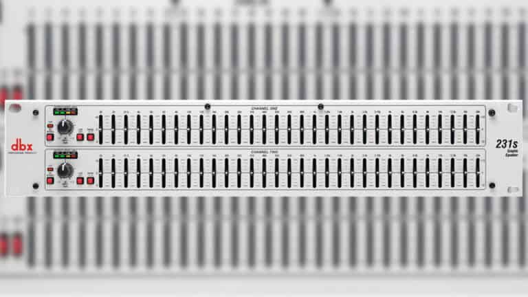 dbx 231s Dual-Channel 31-Band Graphic Equalizer front shot in white with sliders and dbx logo