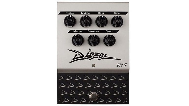 diezel vh4 pedal amp pedal with black and grey enclosure, black control knobs, and Diezel logo