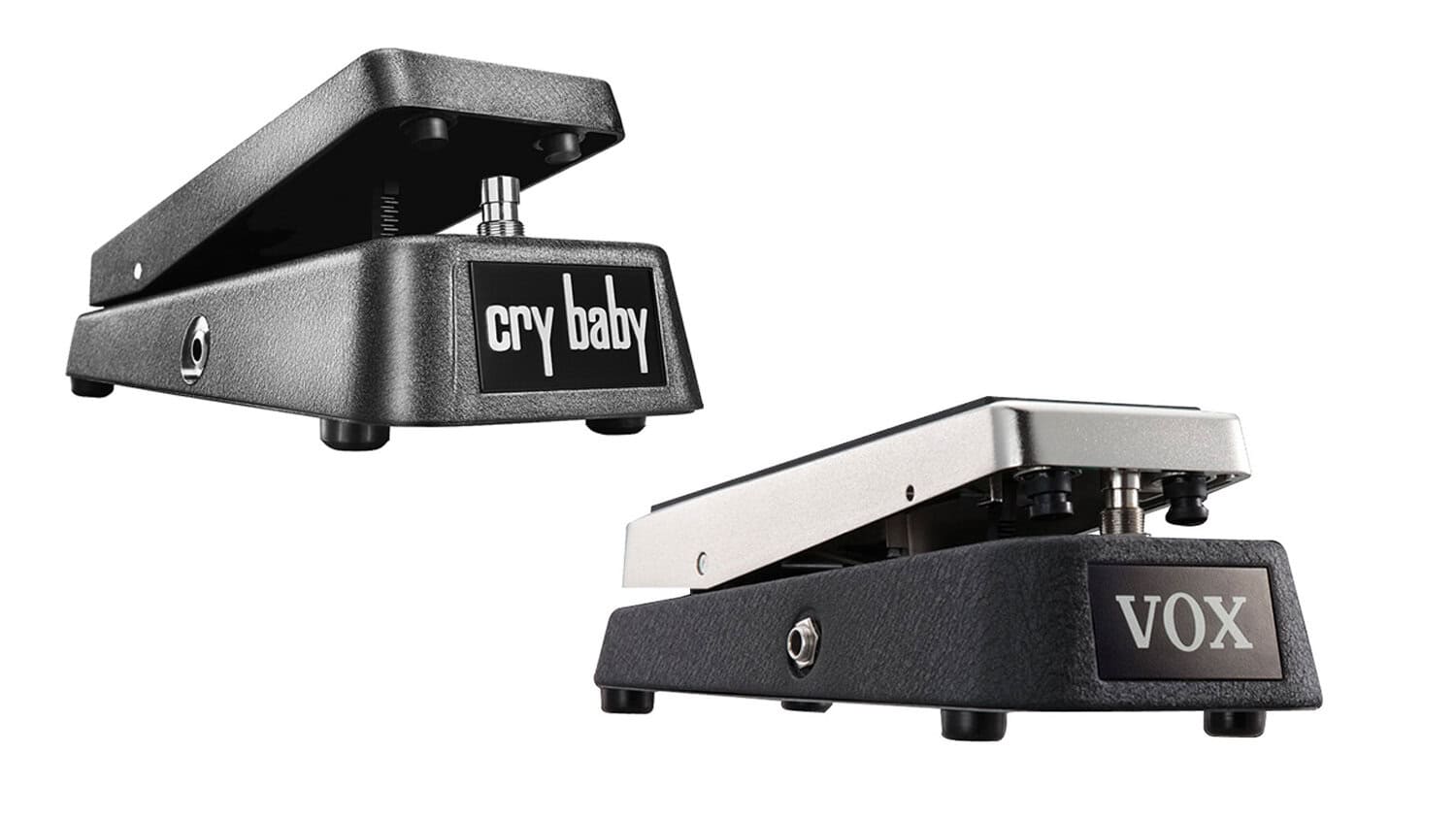 dunlop crybaby and vox wah angled shot with logos/graphics, enclosure, and foot treadle