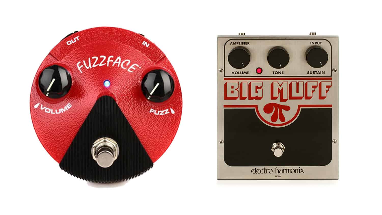 dunlop fuzz face and ehx big muff fuzz pedals top shot with graphics and controls