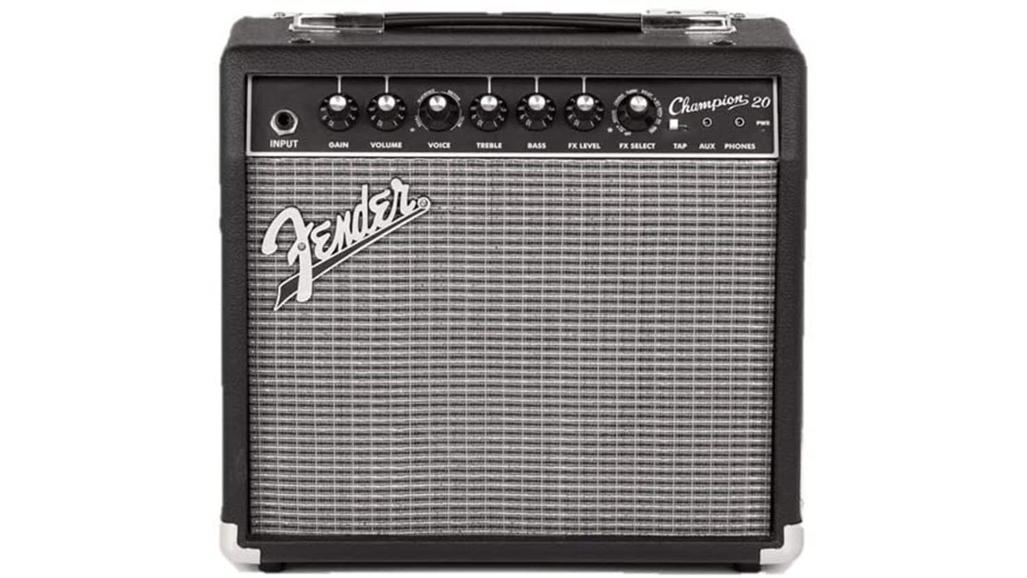 fender champion 20 front shot with silver grille cloth, Fender logo, and front panel controls