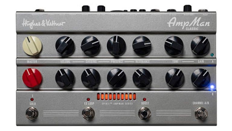 hughes and kettner amp man classic top shot with grey enclosure, control knobs, and footswitches