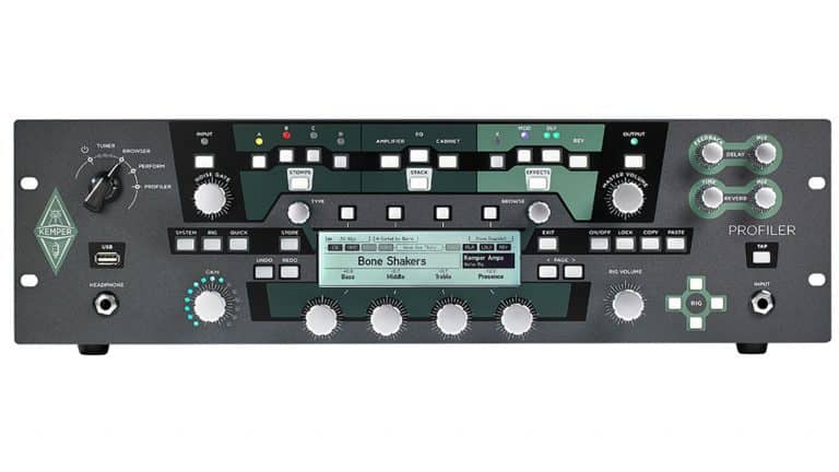 kemper profiler front shot with gray enclosure, controls, and LCD screen