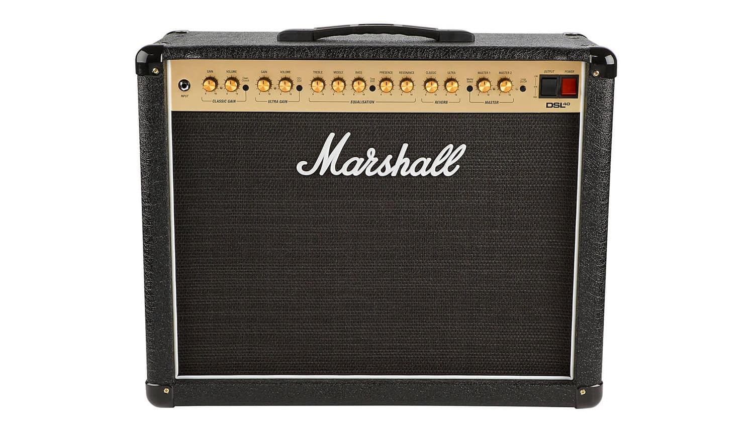 marshall dsl40 front shot with black tolex, Marshall logo, and gold panel with controls