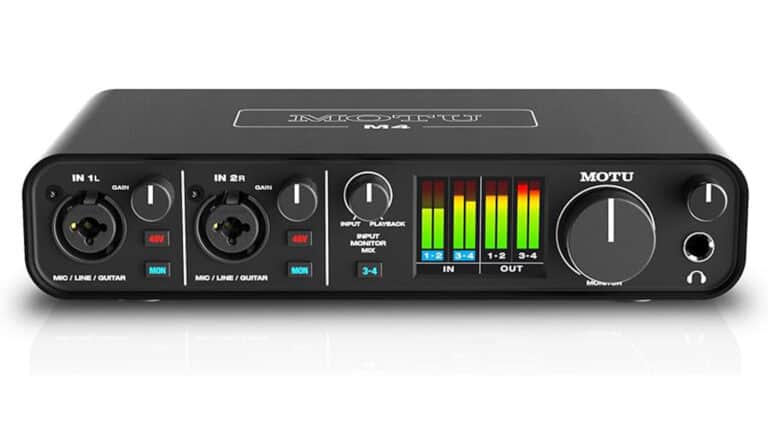 motu m4 4 in 4 out audio interface front shot with controls and metering