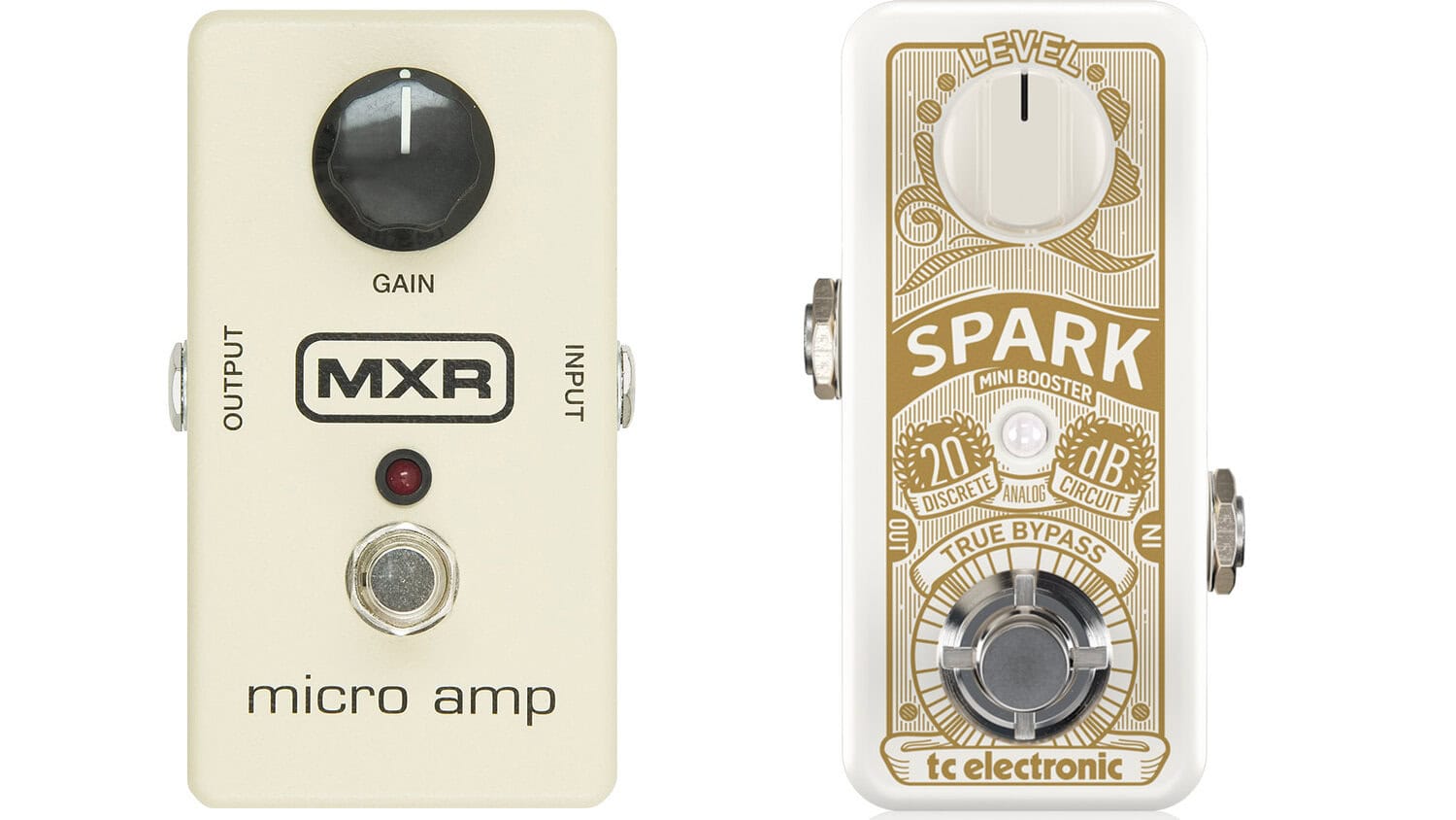 mxr micro amp and tc electronic spark boost pedals top shot with footswitches, graphics, and controls