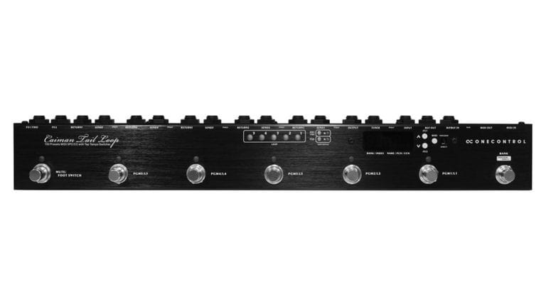 one control caiman tail loop switcher in thin black enclosure with foot switches and settings bank display