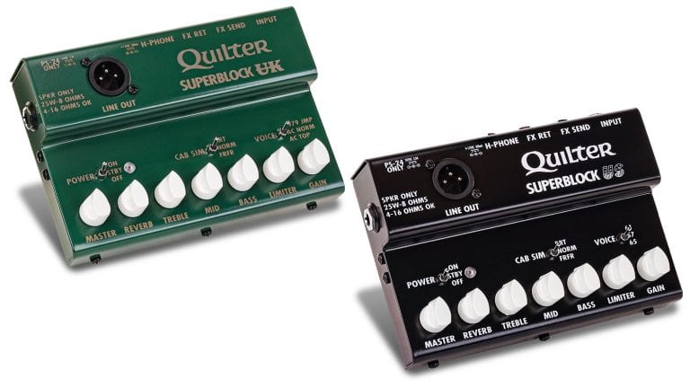 quilter superblock amp pedal in different color enclosures with white control knobs and Quilter logo
