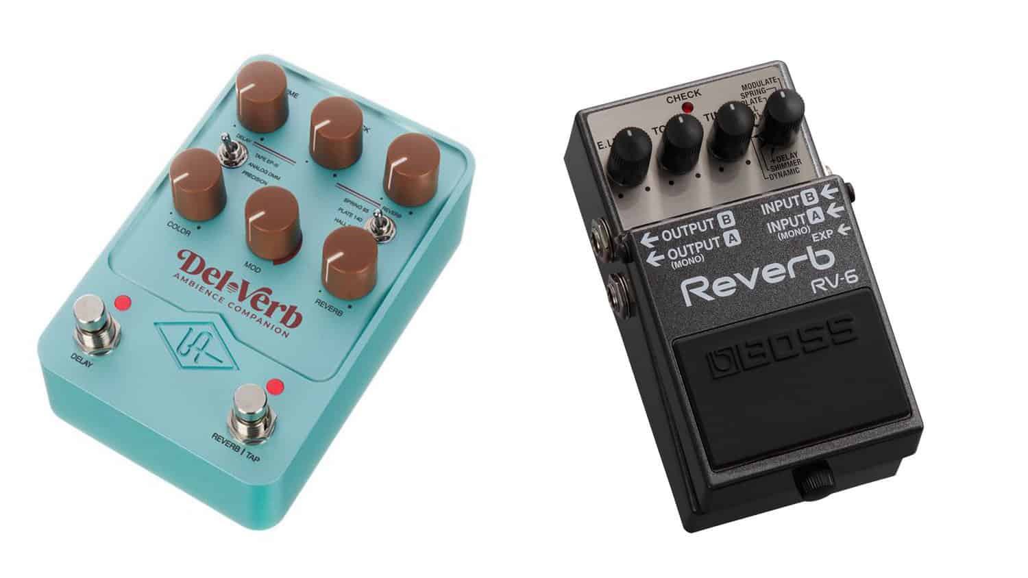 uafx del-rey and boss rv-6 reverb pedals top shot with graphics and controls