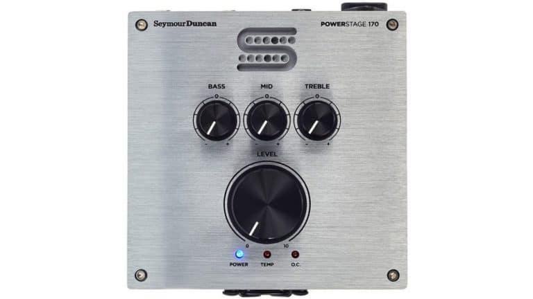 seymour duncan powerstage 170 with grey enclosure, black knobs, and Seymour Duncan logo