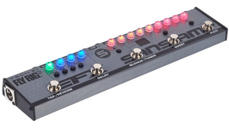 tech 21 fly rig 5 v2 in compact rectangular enclosure with lighted control knobs and footswtiches