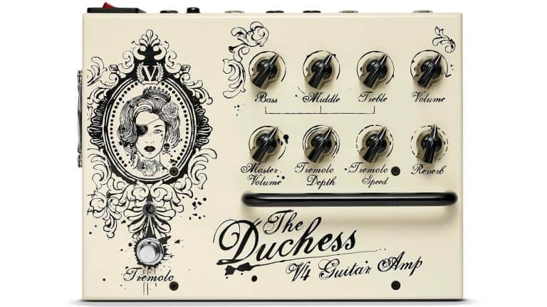 victory v4 the duchess top shot with white enclosure, royal-themed decal, black control knobs, and footswtches