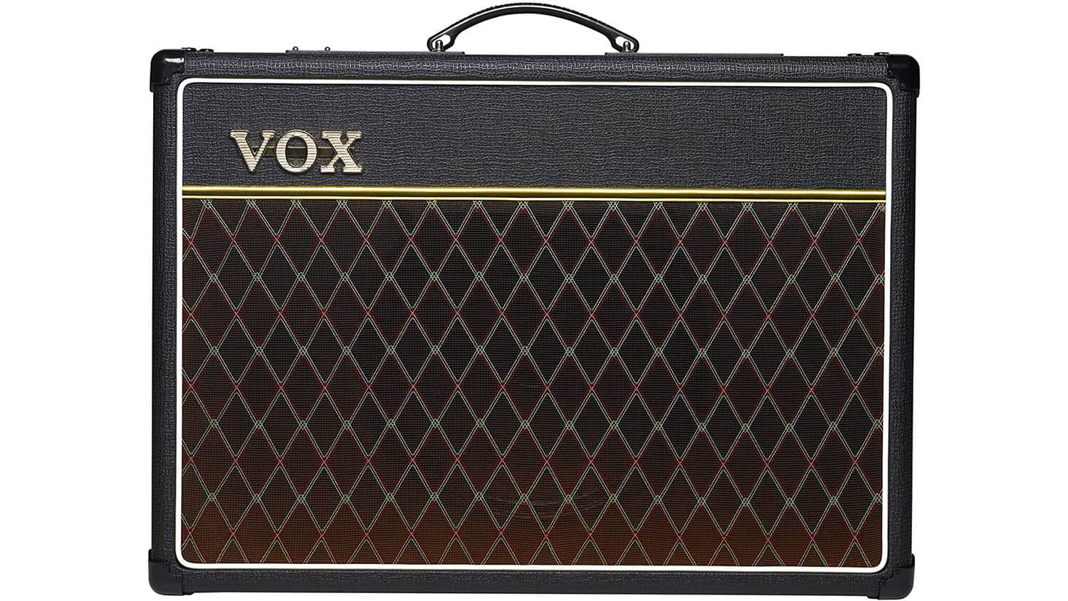 vox ac15 front shot with argyle grille cloth and Vox logo