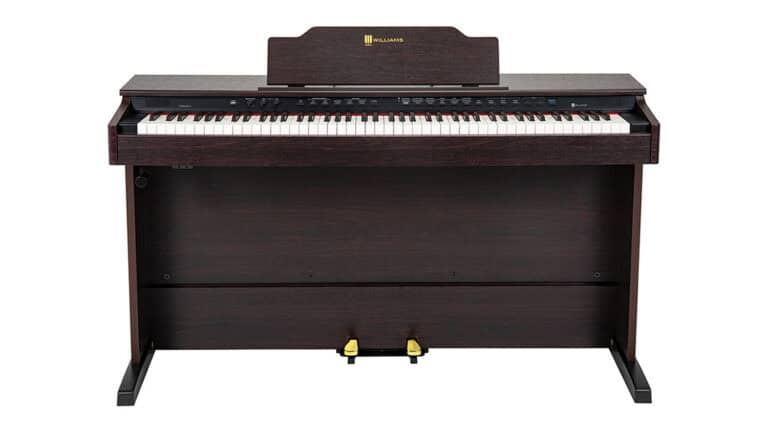 williams rhapsody III digital piano top shot with casing, keybed, and music stand