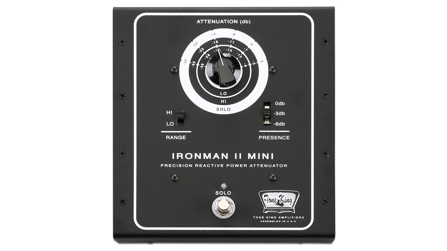 Tone King Ironman II Mini amp attenuator pedal with impedance knob, settings switches, and bypass footswitch