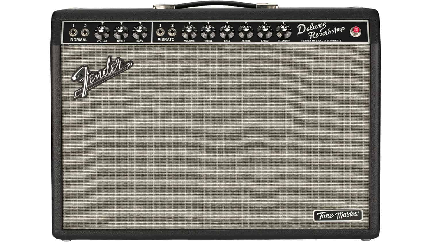 fender 65 deluxe reverb front shot with black tolex, silver grille cloth, and Fender logo